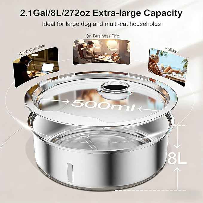 Dog Water Fountain, 8L Stainless Steel Dog Water Fountain for Large Dogs, Dog Water Bowl Dispenser, Super Quiet Pump and Replacement Filters for Cats and Dogs (Silver-8L+3Filters)