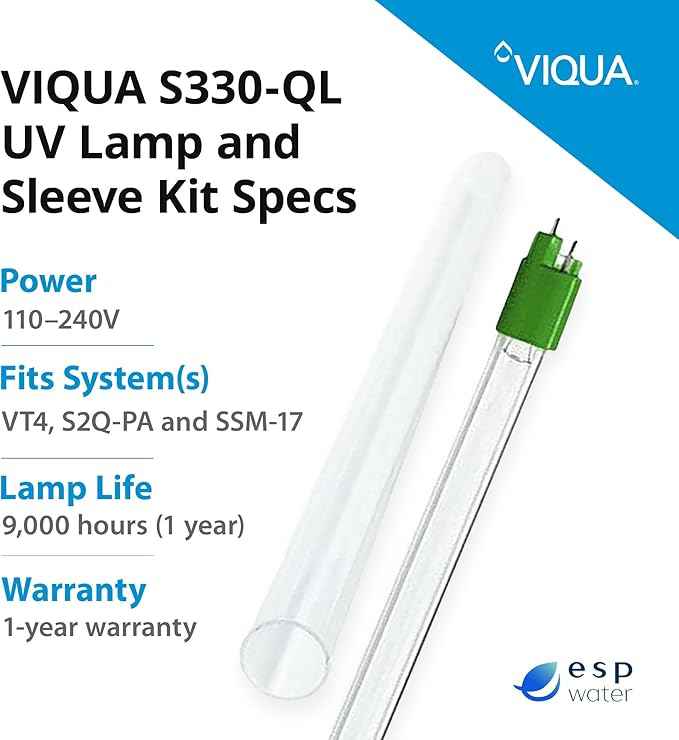 VIQUA S330-QL UV Lamp and Quartz Sleeve Combo Kit for VT4, S2Q-PA, SSM-17 Systems – Includes 1 Lamp, 1 Sleeve, 2 O-Rings – 12-Month Lamp Life