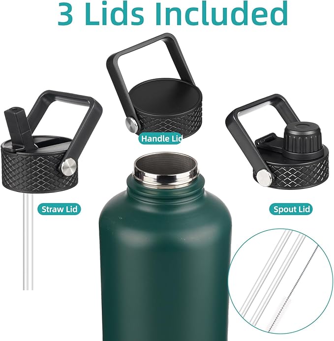 Insulated Water Bottle with Straw,50 oz 3 Lids Water Jug with Carrying Bag,Paracord Handle,Double Wall Vacuum Stainless Steel Metal Flask,Dark Green