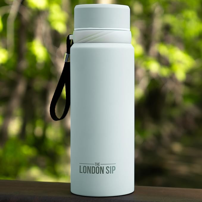 London Sip 25 oz Multi-Purpose Tea Infuser Mug – Fruit Infuser Water Bottle for Hot and Cold – Double Wall Stainless Steel Insulated, Pearl White