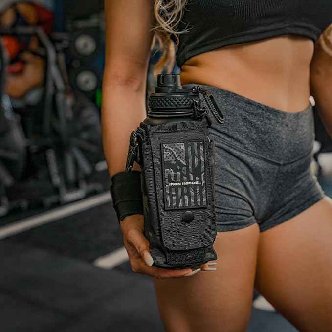 Iron Infidel Battle Bottle - 32 Oz Insulated Water Bottle with Straw Lid & Chug Cap, Stainless Steel Metal Tactical Flask With Rugged, Removable Sleeve for Keys & Phone or Wallet (Black Camo 1 Liter)