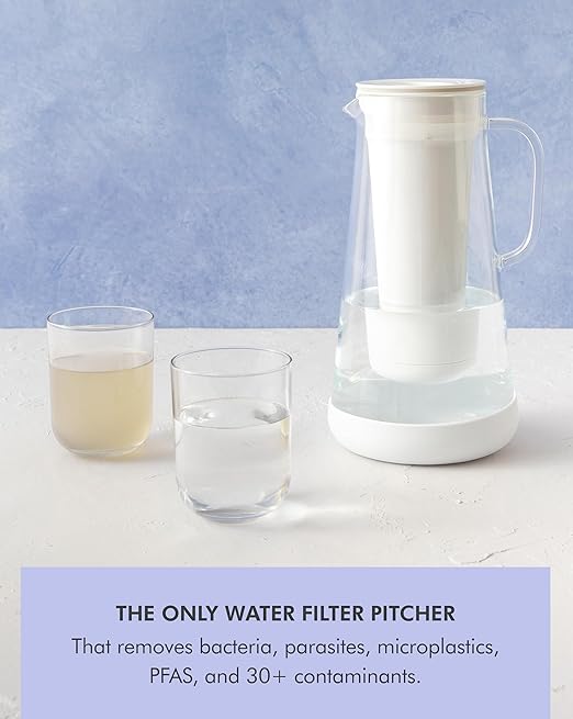 LifeStraw Home Water Pitcher, 7-Cup, White, Glass with Silicone Base, White, for Everyday Protection Against Bacteria, Parasites, Microplastics, Lead, Mercury, PFAS and a Variety of Chemicals