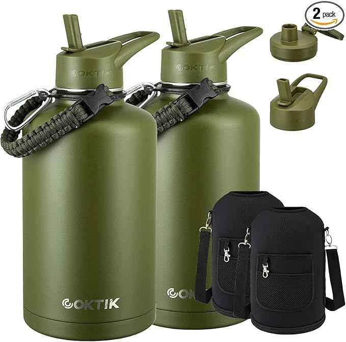 84oz Water Bottle with Straw - Triple Insulated Flask, 48hr Cold Retention Large Water Bottle, Leakproof Water Jug for Gym, Hiking, Camping, Outdoor Sports (2 pack, Army Green)
