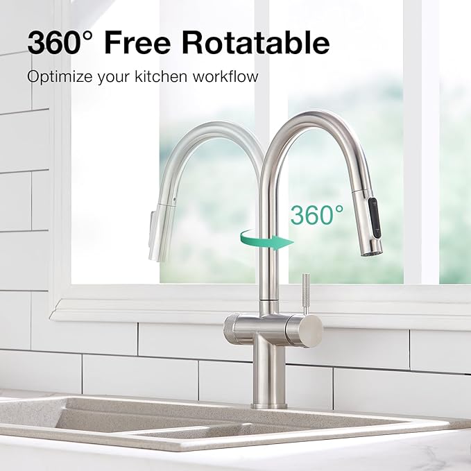 CREA 3 Way Kitchen Faucet with Filtered Water Outlet & Pull Down Sprayer, Stainless Steel Kitchen Faucets Use with Water Filter, Drinking Water Faucet for Kitchen Sink Reverse Osmosis (RO), Brushed