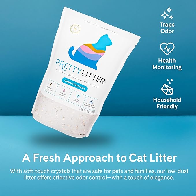 PrettyLitter Health Monitoring Cat Litter (Unscented, Non Clumping) | Lightweight & Low Tracking, Color Changing Silica Gel Crystals, Advanced Odor Control — 6 Lbs, Pack of 1 (One Month Supply) - AquaVibe