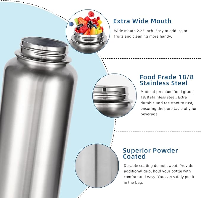 Volhoply 32 oz Insulated Water Bottles Bulk 8 Pack with Straw Lid & Spout Lid,Stainless Steel Sports Water Bottle,Double Wall Vacuum Cups,Leakproof Wide Mouth Metal Flask for Travel(Silver,8)