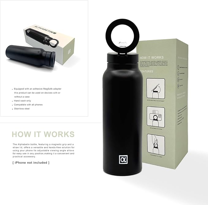 Magsafe compatible insulated water bottle with magnetic phone holder stainless steel 24oz hot 12h & cold 24h 360 rotate double wall stainless steel magnetic water bottle phone mount with straw