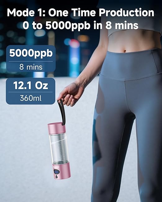 Hydrogen Water Bottle - 5000 PPB in 8 Minutes, Cyclic Mode for 8 Hours, Self Clean, Aluminum & Glass, for Travel Sports Office Home, Gift for Father Mom Family Friends Clients(Pink, 12Oz)