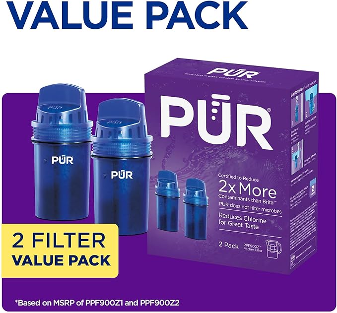 PUR Water Pitcher & Dispenser Replacement Filter 2-Pack, Genuine PUR Water Filters for Pitchers, 2-in-1 Powerful Filtration and Faster Filtration, 4-Month Value, Blue (PPF900Z2)