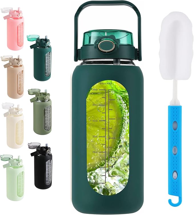 SIEROZUR 64 oz Glass Water Bottle with Straw and Handle Lid Half Gallon Motivational Glass Bottle with Silicone Sleeve and Time Marker Large Reusable Sports Water Jug for Gym Home Workout