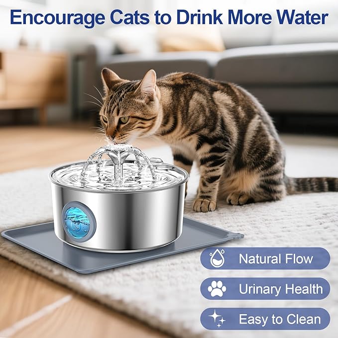 LucidShine 108oz/3.2L Stainless Steel Cat Water Fountain with 12 Filters (up to 1-Year Supply), Large Capacity Dog Water Fountain, Ultra Quiet Automatic Metal Pet Water Dispenser
