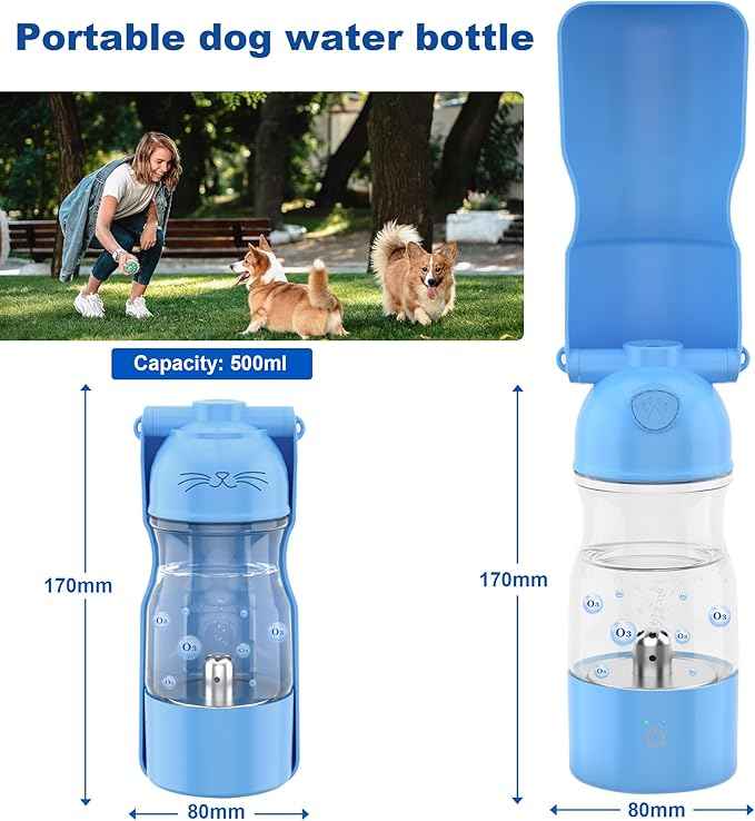 Portable Dog Water Bottle with Ozone Purification - Active Oxygen Puppy Water Bowl & Dispenser for Travel, (A-013B-blue)