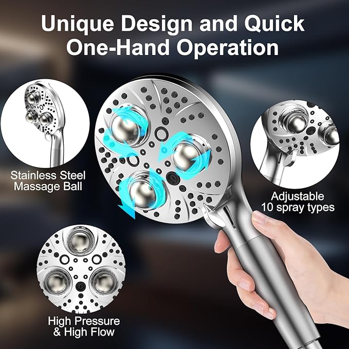 Filter Handheld Shower Head for Residual Chlorine Remove,10-Spray Modes Massage Showerhead, Large Powerful Handheld Showerhead with 79in Hose Detachable (Premium Chome)