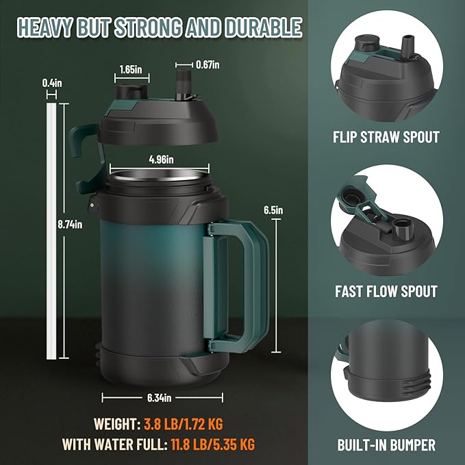 Zukro 1 Gallon Water Jug, One Gallon Large Triple Wall Insulated Metal Jug With Straw and Spout, No Sweat 128 oz Stainless Steel Sport Water Bottle Keeps Cold 48 Hours for Outdoors, Coal