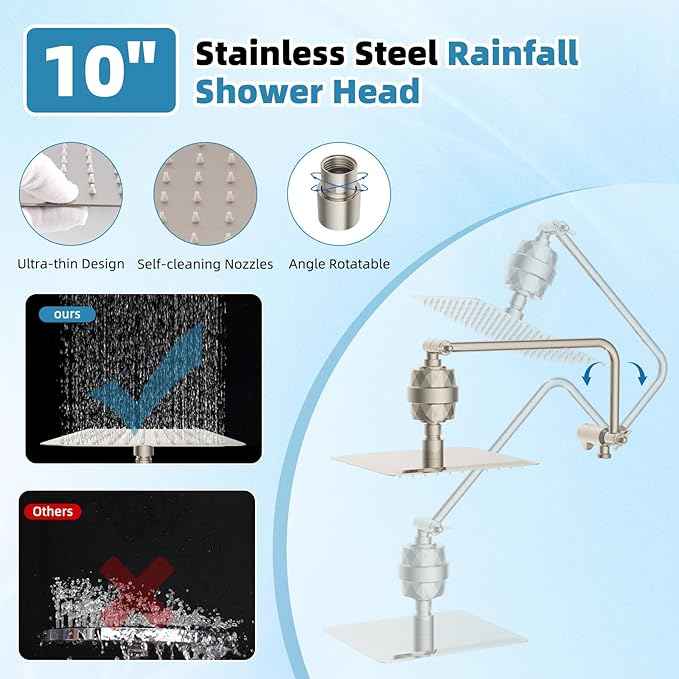 Filtered Shower Head, 10" High Pressure 10-Spray Handheld/Rainfall Shower Head Combo with 20 Stage Shower Filter, 11" Shower Extension Arm, 71" Hose, Shower Head Holder, Brushed Nickel