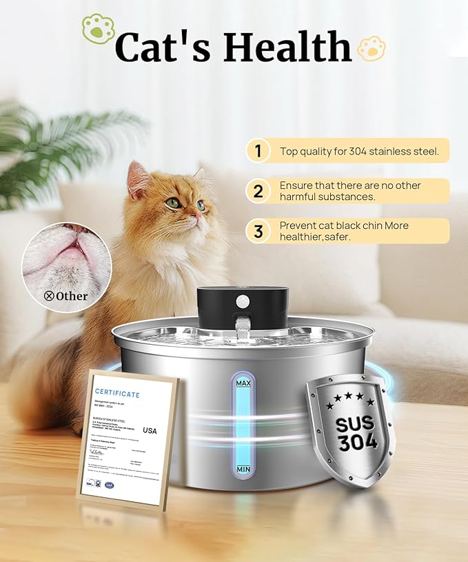 Wireless 3.2L/108oz Stainless Steel Cat & Dog Water Fountain – Cordless Pet Dispenser with Ultra-Quiet Pump, Motion Sensor, Easy-to-Clean Hygienic Design, Encourages Hydration, Multi-Pet Homes