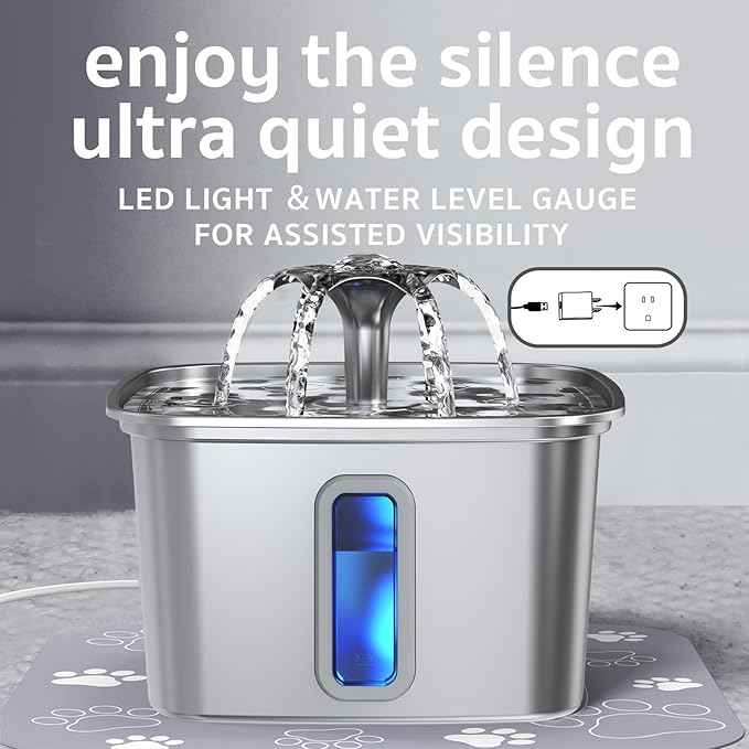 Veken Innovation Award Winner Stainless Steel Cat Water Fountain, 108oz/3.2L Automatic Pet Fountain Dog Water Dispenser with 2 PP Housing Replacement Filters & Silicone Mat for Cats, Dogs (Silver)