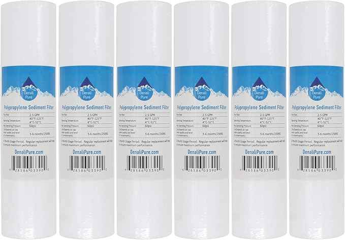 6-Pack Replacement for APEC ROES-50 Polypropylene Sediment Filter - Universal 10-inch 5-Micron Cartridge Compatible with APEC ROES-50 - Essence 5-Stage 50 GPD Reverse Osmosis System - Denali Pure