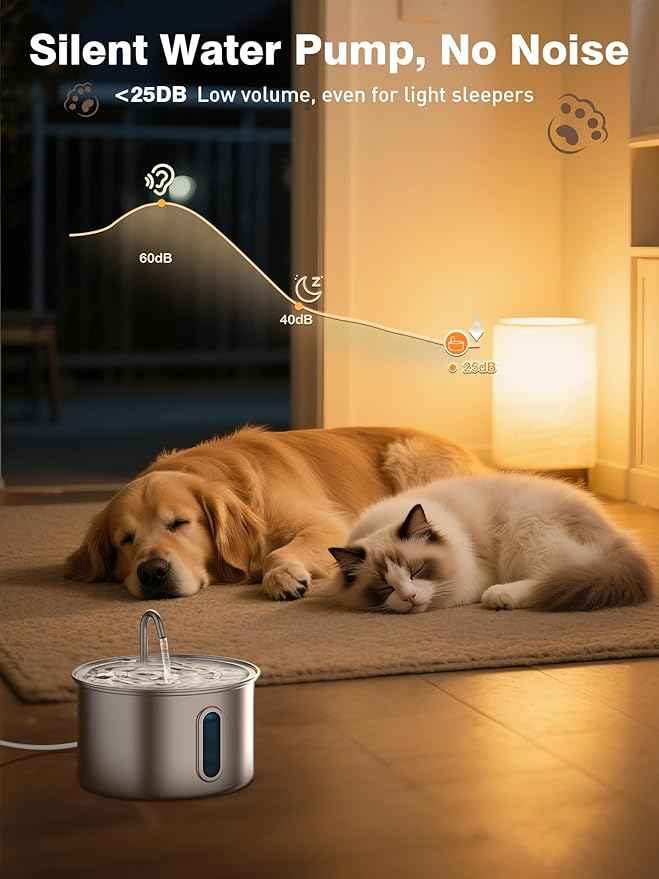 Stainless Steel Cat Water Fountain, 3.2L/108oz Quiet Automatic Cat Water Dispenser, Indoor Pet Spout, Dog Drinking Bowl with 1x Filter & 1x Sponge for Cats/Dogs/Multiple Pets - Silver