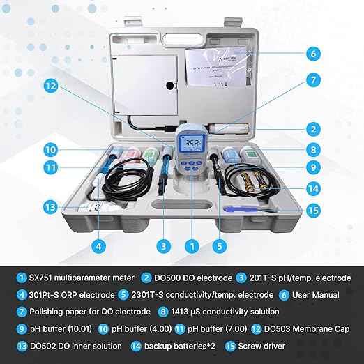 Apera Instruments SX751 pH/ORP/DO/Conductivity/TDS/Salinity/Resistivity/Portable Handheld Multiparameter Meter Kit, Silver