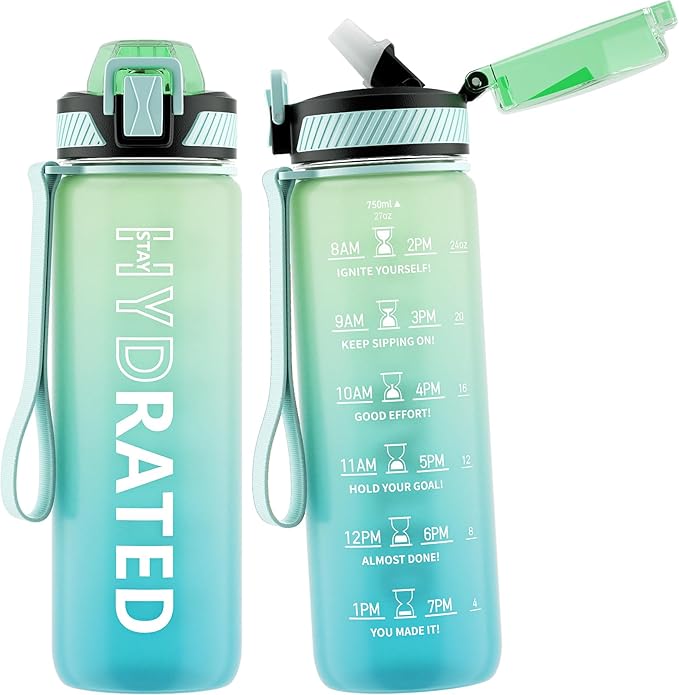 Water Bottle with Straw, 27oz Motivational Water Bottles with Time Marker to Drink, Tritan BPA Free, 750ml Sports Water Bottle with Carry Strap LeakProof for School Fitness Outdoor (1Pack)