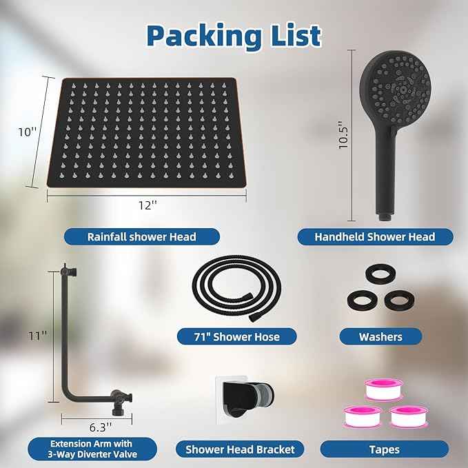 12" All Metal Shower Head, High Pressure 10-Spray Handheld Showerhead Rainfall Shower Head Combo with 11" Adjustable Shower Extension Arm, 71" Hose, Shower Head Holder, Oil Rubbed Bronze