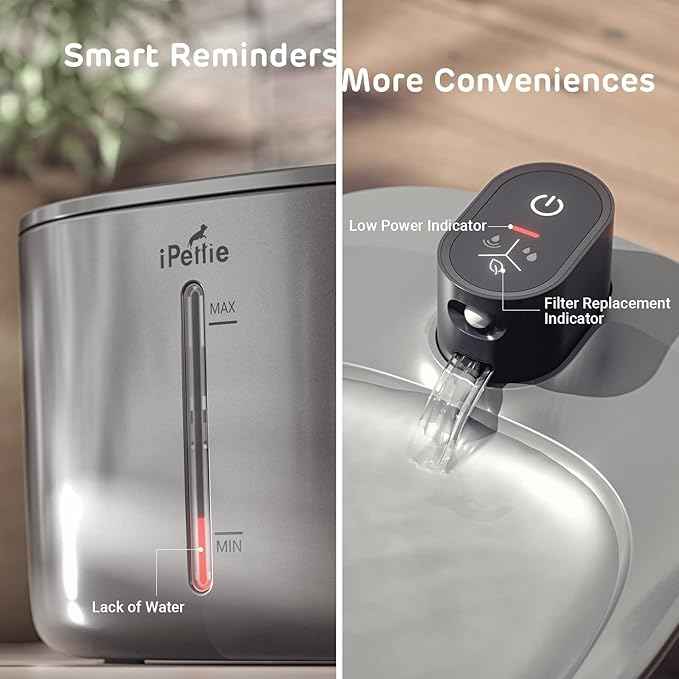 iPettie Runway Battery Cordless Cat Water Fountain Stainless Steel, 1.1Gal/4L Large Capacity, Motion Sensor, 5-Stage Water Filter