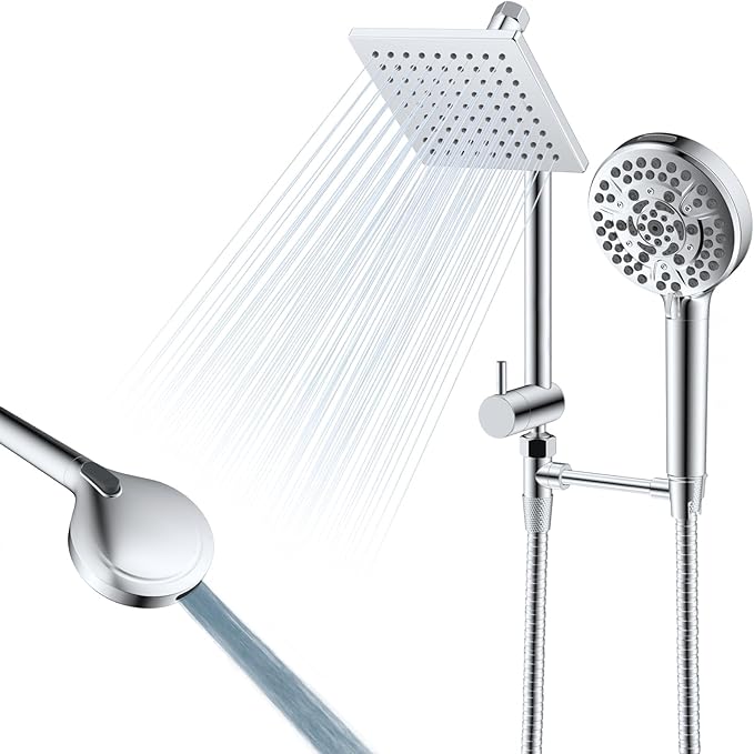 All Metal Dual Shower Head Easy Reach, High Pressure 10-Spray Handheld Shower & 6" Square Rainfall Shower Head Combo, Shower Extension Arm, 71" Hose, 3-way Diverter, Brass Shower Bracket, Chrome