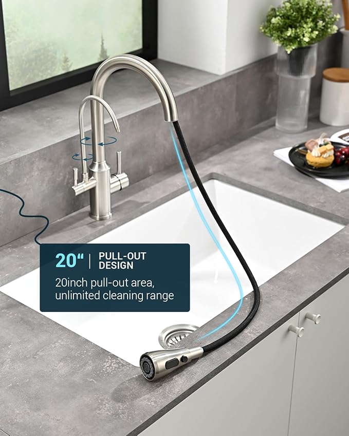 APPASO Kitchen Faucet with Water Filter, Pull Out 3 Way Sink Faucets with Sprayer, High Arch 2 Handle Faucet - 2 in 1 Faucets Brushed Nickel, Without Water Filtration Device