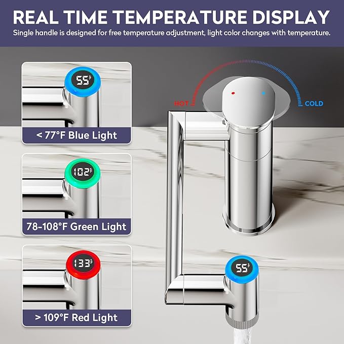 HOWUWEY Chrome Rotatable Single Hole Bathroom Vanity Faucet with Temperature Display & HOWUWEY Chrome Filtered Dual Shower Head with Handheld Spray Combo for Hard Water