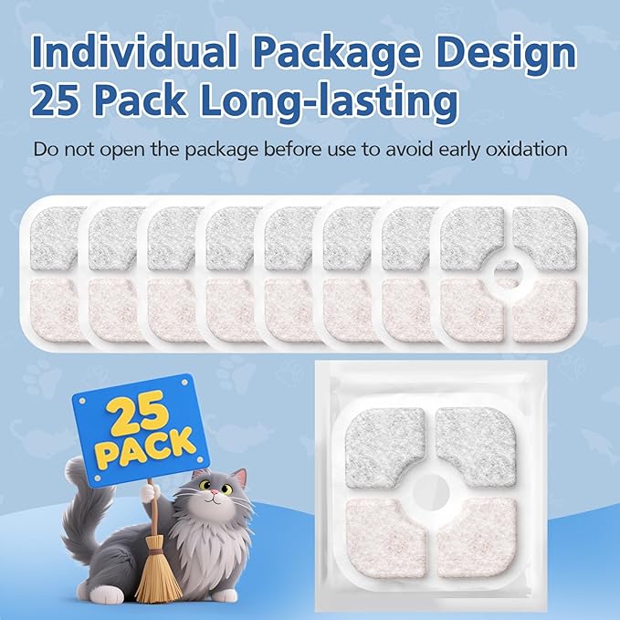 25 Pack Cat Fountain Filter Compatible With Catit PIXI Drinking Fountain, Replacement Triple Action Water Filter with Ion-exchange Resin & Activated Carbon, White