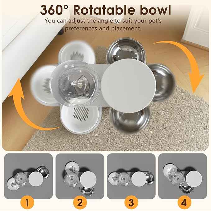 Automatic Gravity Cat Dog Feeder and Water Dispenser with 304 Stainless Steel Bowls 2 in 1 360 Degree Rotatable Auto 2.4L Dry Food and 2.6L Water Bowl for Small Medium Pet Dog Puppy Kitten (Gray)