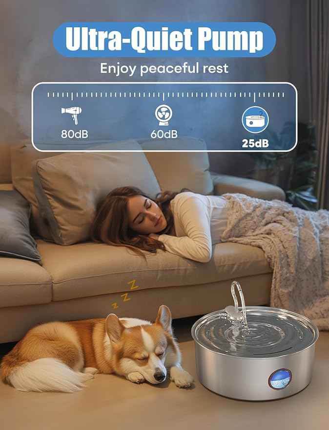 Dog Water Fountain for Large Dogs- 8L/270oz Stainless Steel Dog Fountain Dispenser Automatic Pet Water Bowl with Ultra-Quiet Pump/Quadruple Filtration for Large Pups Cats & Multi-Pet