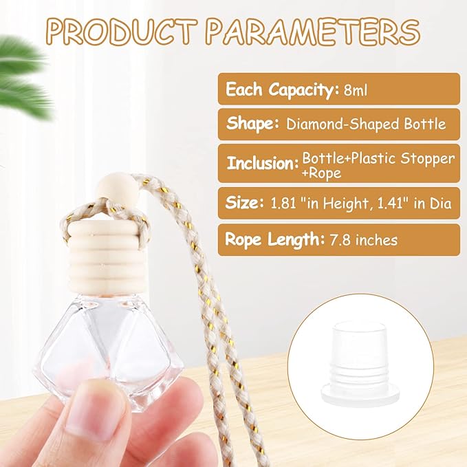 50 Pcs/Set,8ml Hanging Car Air Freshener Diffuser,Empty Clear Glass Essential Oil Fragrance Perfume Diffuser Pendant Glass Vials with Wooden Caps & Hanging String,Diamond Shaped Style