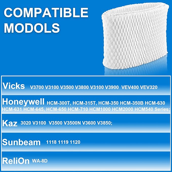 WF2 Humidifier Filter Replacement for Vicks V3500 V3100 V3900 V3700 VEV320,Kaz 3020 & Re-Lion WA-8D Cool Mist Humidifiers,Pack of 6 by TOMOON