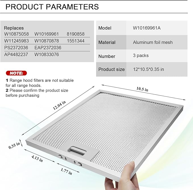 Updated W10169961A Range Hood Filter Replacement (3PCS) by Techecook, 5-Layer Aluminum Mesh Hood Grease Filter 10.5 x 12 Inch Fit for Whirlpool, Kitchen Aid, Jenn-Air Range Hoods