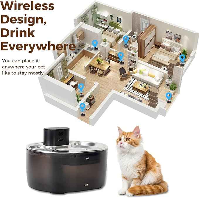 Pumpless Cat Water Fountain Stainless Steel, 108oz/3.2L Wireless Cat Dog Pet Fountain, 5000mAh Battery, Sensor, Timer and Continuous Water Modes, Suitable for Cats and Small Dogs Indoor