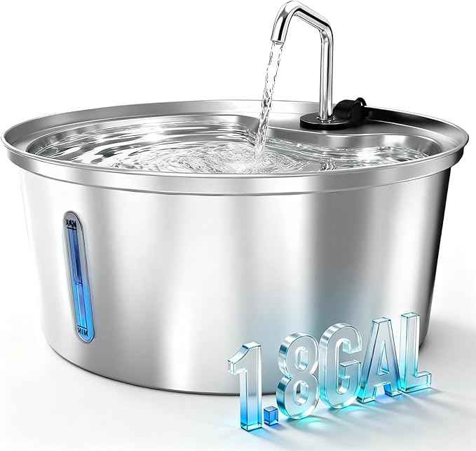 Dog Water Fountain Stainless Steel, 7L/1.8Gal Pet Fountain Water Bowl with Multi-Filtration & Deeper Drinking Aera, Large cat Water Fountain with Water Window & LED, Ultra-Quiet
