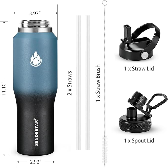 SENDESTAR 40oz Stainless Steel Water Bottle(Cold for 48 Hrs, Hot for 24 Hrs),Double Wall Vacuum Insulated Bottle with Straw Lid, Spout Lid and Flex Cap, Fit in Any Car Cup Holder，Cyanotic B