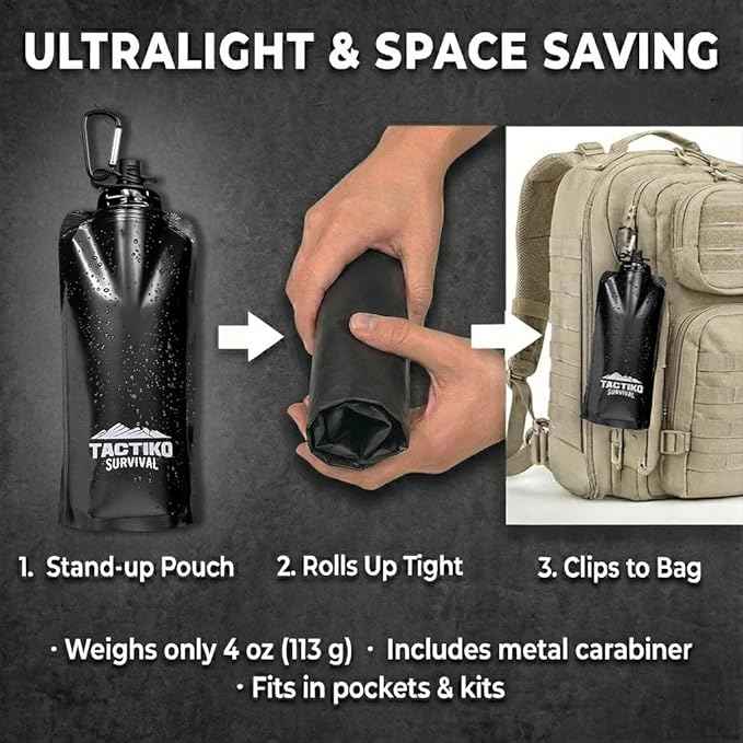 Tactiko Survival 20oz/600ml Purifying Water Bottle Filter Kit - Filter 265 Gal. Water from Rivers, Lakes & Streams - SGS Certified - UF Membrane, Activated Carbon - Camping, Hiking, Emergency (Black)