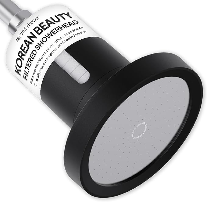 SecondShower Filtered Shower Head for Hard Water, Clinically Proven for Skin Health, NSF Certified 99.9% Chlorine Removal, High Pressure, Korean Beauty Secret Natural Filter Matte Black - Pure Silver