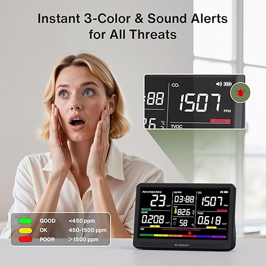 bonoch 16 in 1 Air Quality Monitor Indoor 7" Display 9 AQI+7 AQI Alerts Air Quality Tester for CO2, TVOC, PM2.5 PM1.0 PM10, HCHO, Temperature Humidity AQI & Time, Air Quality Meter for Home-Black