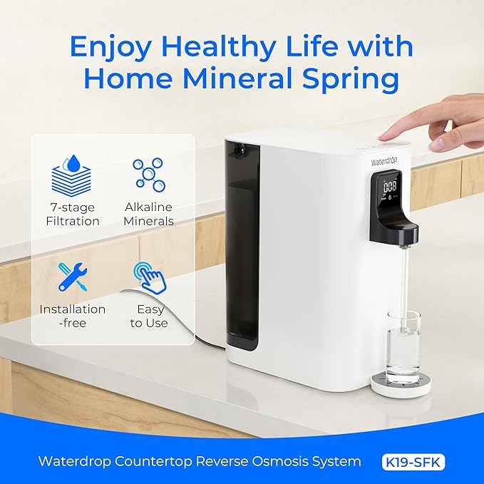 Waterdrop K19-SFK Reverse Osmosis Water Filter Countertop, Alkaline Minerals, Countertop Reverse Osmosis System, 3:1 Pure to Drain, Reduce PFAS, No Installation Required, BPA Free