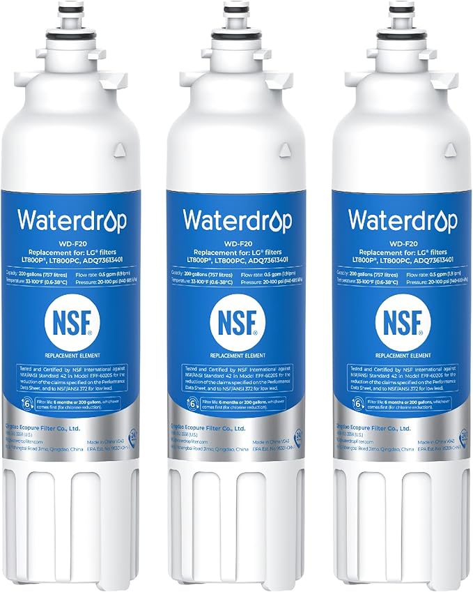 Waterdrop ADQ73613401 Replacement for LG® LT800P®, ADQ73613402, ADQ73613408, ADQ75795104, Kenmore 9490, LSXS26326S, LMXC23746S, LSXS26366S, Refrigerator Water Filter, WD-F20, 3 Pack (Package May Vary) - AquaVibe