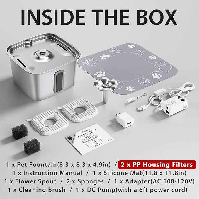 Veken Innovation Award Winner Stainless Steel Cat Water Fountain, 108oz/3.2L Automatic Pet Fountain Dog Water Dispenser with 2 PP Housing Replacement Filters & Silicone Mat for Cats, Dogs (Silver)