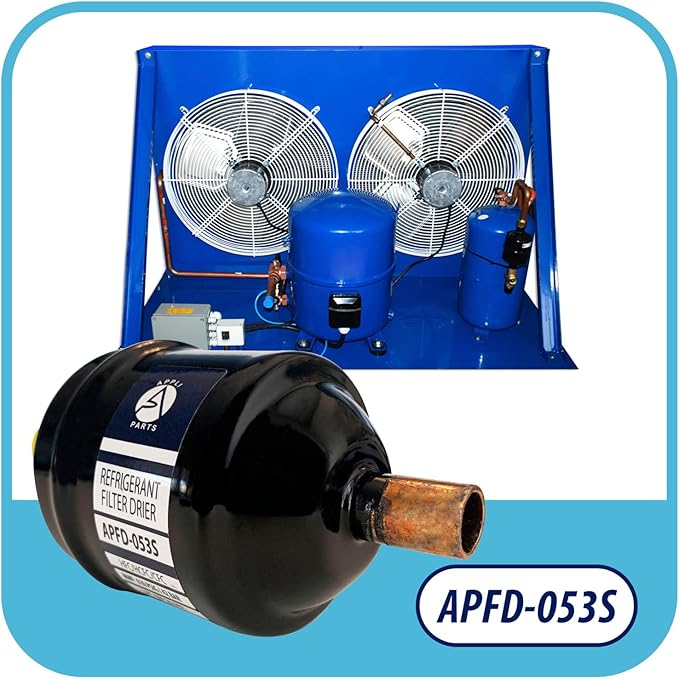 Appli Parts APFD-053S 3/8 in Liquid Line Refrigerant AC Filter Drier hvac Refrigeration 053S ODF Sweat Solder connection universal unidirectional 4-1/2 in long 2 in wide