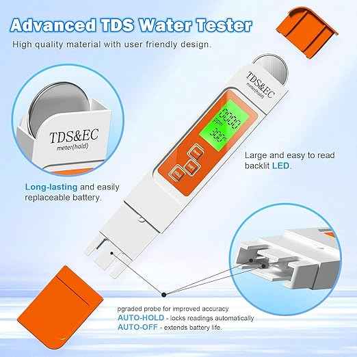 TDS Water Tester,New 4 in 1 Tds Meter Digital Water Tester - TDS EC & Temperature(°C,°F) Meter,Accurate & Reliable Digital Testing Kits for Hydroponics, Aquarium, RO/DI System (Orange)