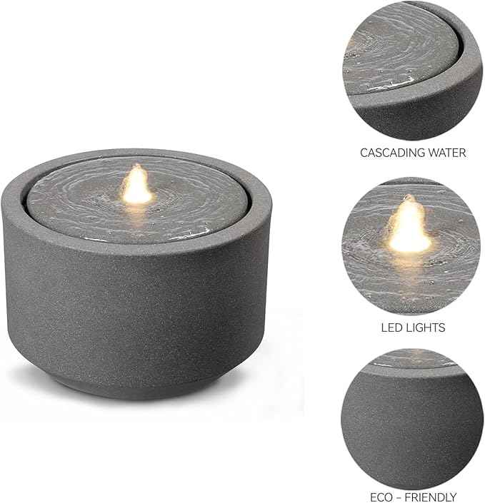 10.23” H Outdoor Water Fountain Made with Eco-Friendly Recyclable Materials, Polyethylene Round Bubbler Water Fountain Outdoor, Garden Decor with LED Light for Patio, Porch, Backyard