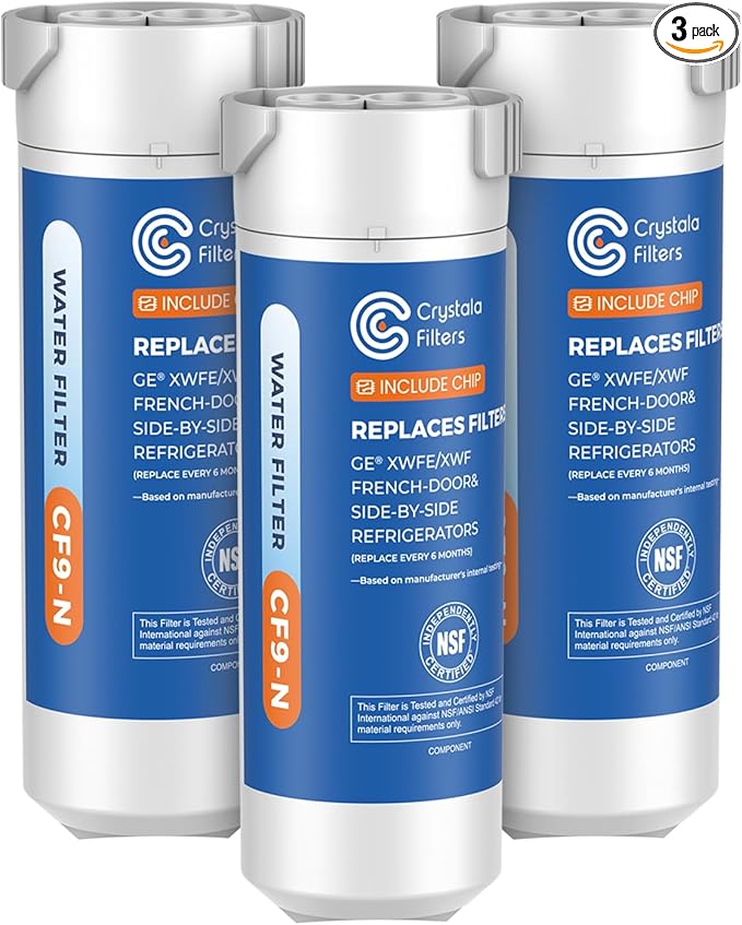 Crystala Filters Water Filter Compatible with XWFE (Built-in CHIP), Replacement for GE XWFE, XWF Refrigerator Water Filter Pack of 3