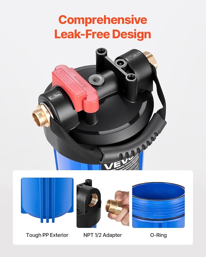 VEVOR RV Water Filter, 4.5 x 10 in Water Filter System with Replaceable Cartridge for RV, Remove Sediments, Chlorine, Bad Tastes, Odors, and Most Contaminants, RV Filter for Campers, Boats